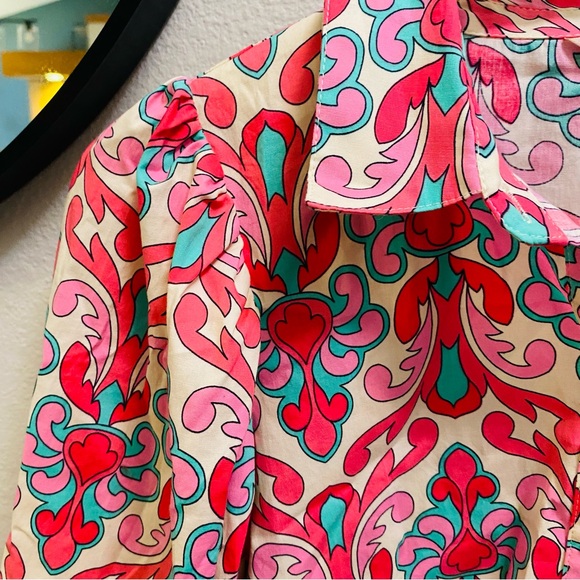 Esqualo Gathered Sleeve Print Blouse Women’s Size 6 Button Front Puff Sleeves - Picture 4 of 8